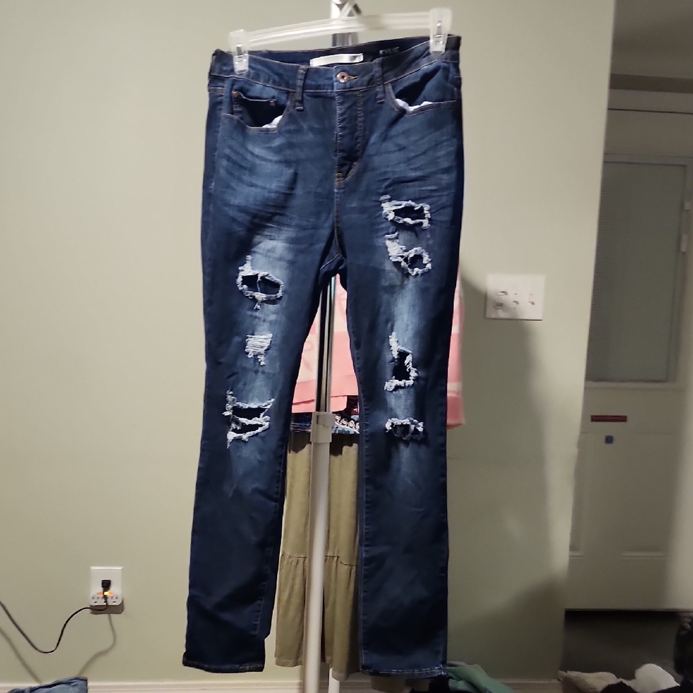 Dark Blue Distressed Women's Jeans - Classic Stretch Denim
